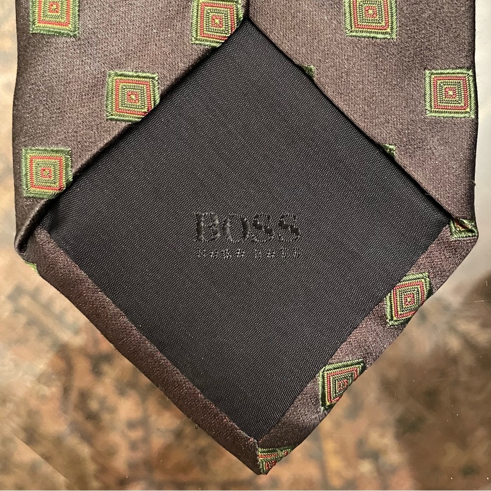 Hugo Boss Brown Silk Tie with Green and Red Square Motif